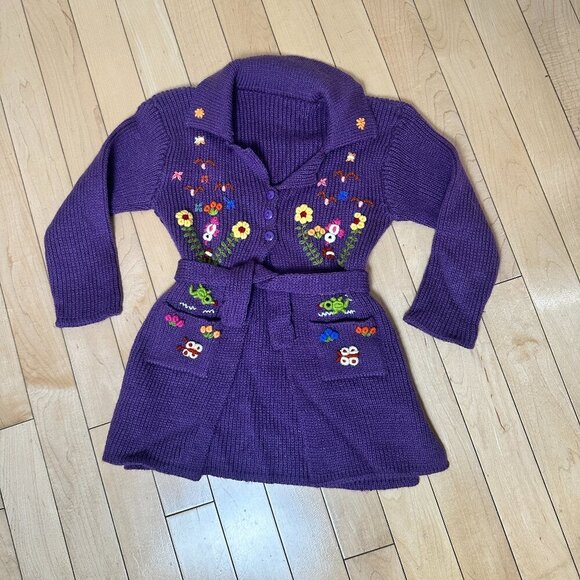 Vintage Baby Toddler Sweater Coat with Embroidered Flowers Size 2T - Picture 2 of 8